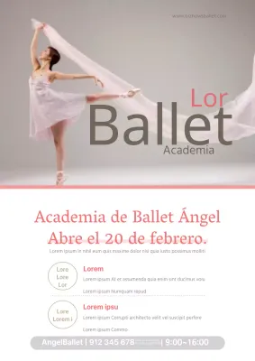 Promociona la apertura de una academia de ballet con una foto de una bailarina vestida de rosa.