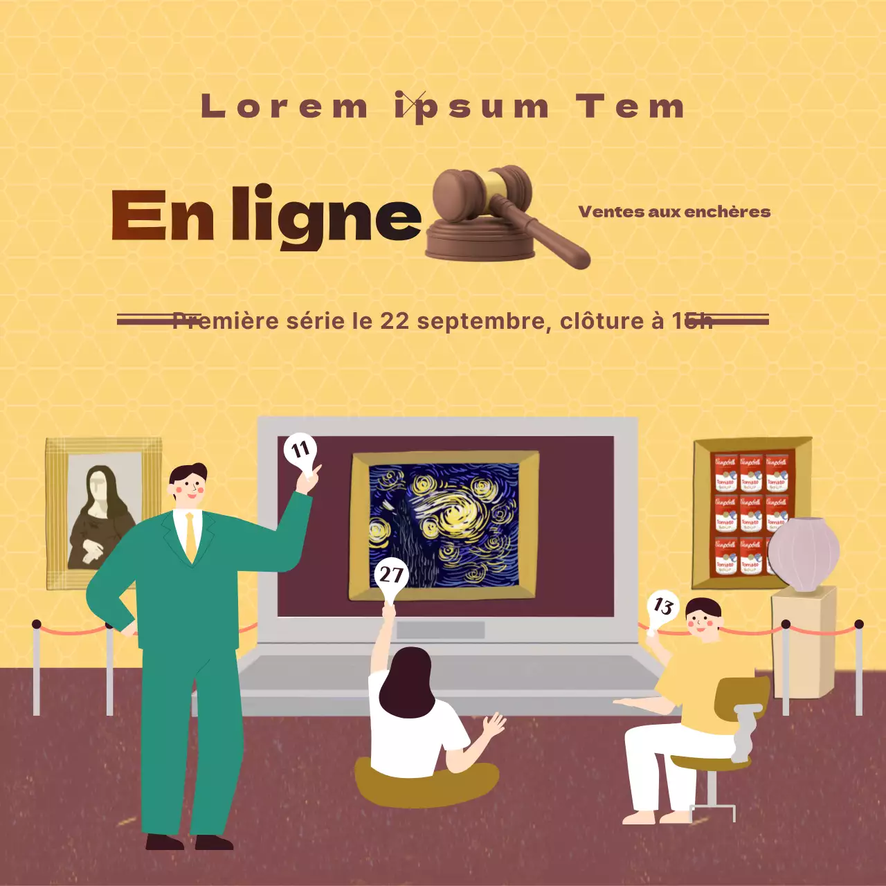 Thème de la vente aux enchères d'œuvres d'art en ligne, avec un concept d'illustration épuré et une palette de couleurs jaune-bordeaux