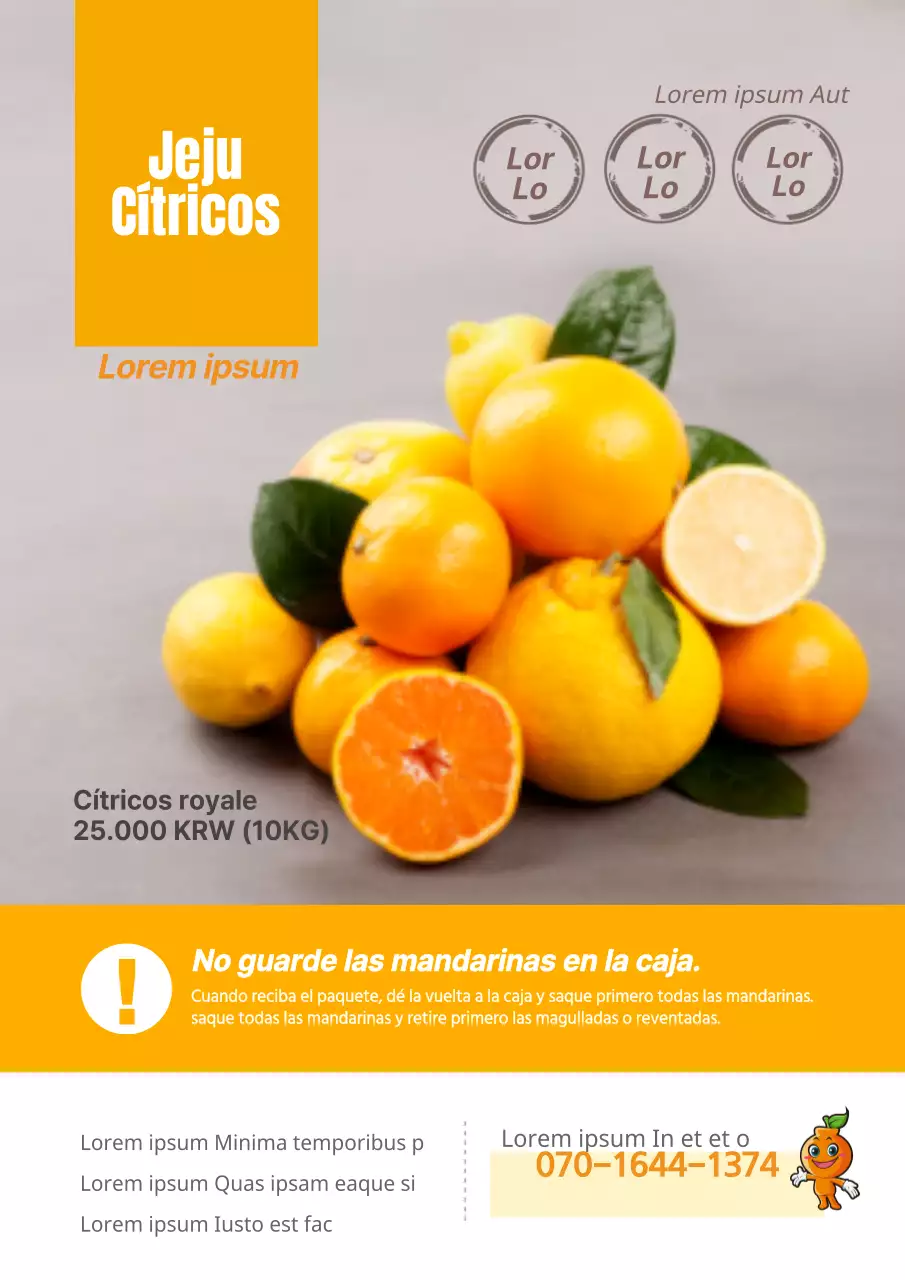 Promocione una explotación de cítricos con fotos de mandarinas amarillas y personajes de mandarinas