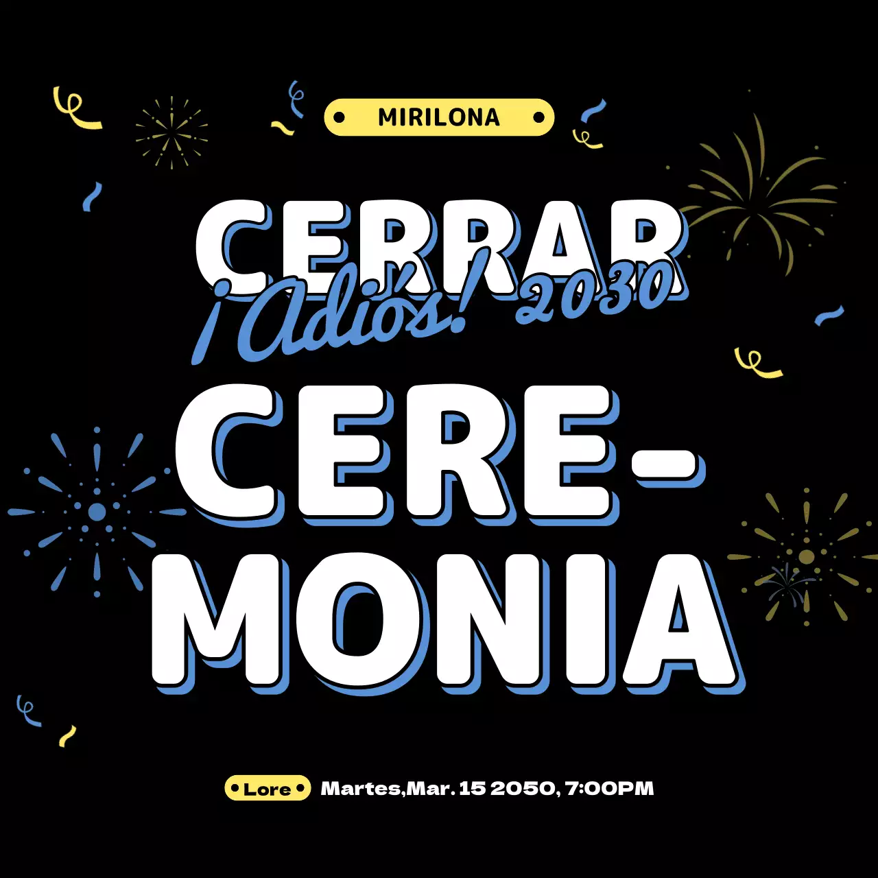 Ilustración del evento de fin de año en amarillo azul negro