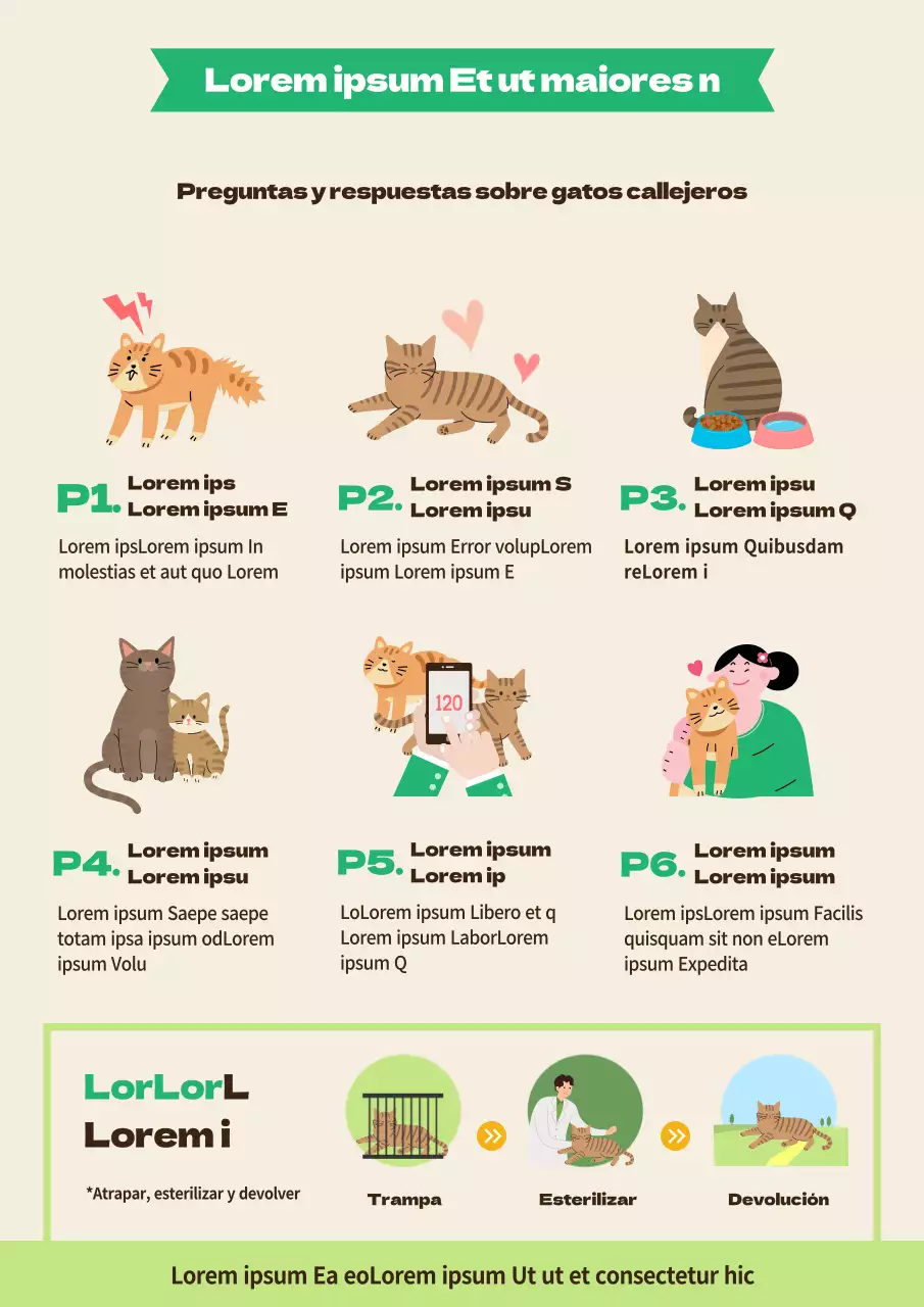 Gatos callejeros con títulos verdes y marrones Q&ADescripción