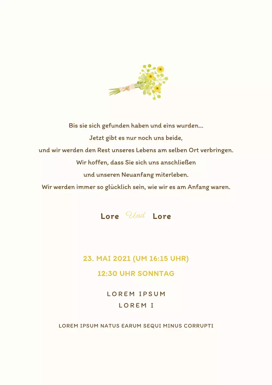 Hochzeitseinladung Postkarte mit einem einfachen gelben Blumenstrauß Illustration