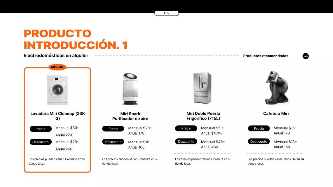Propuesta de servicio de alquiler de electrodomésticos con elementos de color naranja