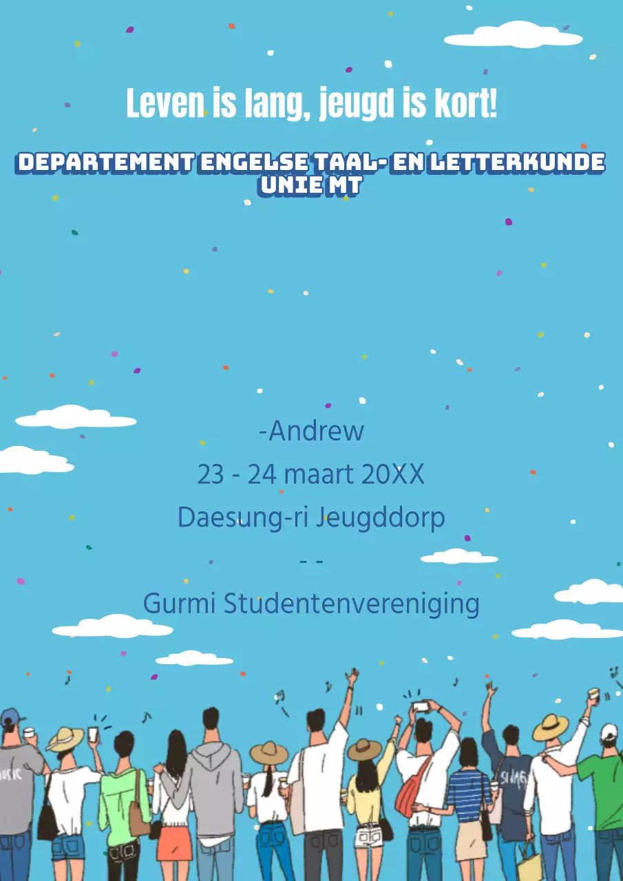 Promoot een kleurrijk en schattig zomerkamp aan de universiteit met een lichtblauwe illustratie van de billen van studenten