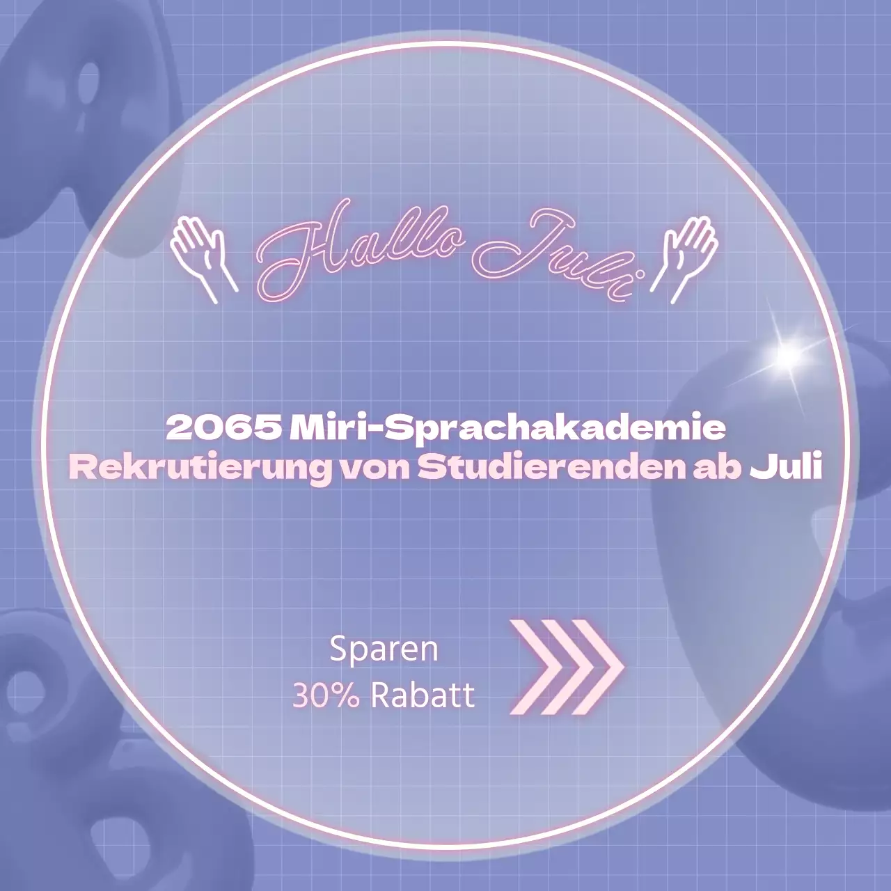 Lila und rosafarbene Neonschilder werben für Rabatte an Sprachschulen