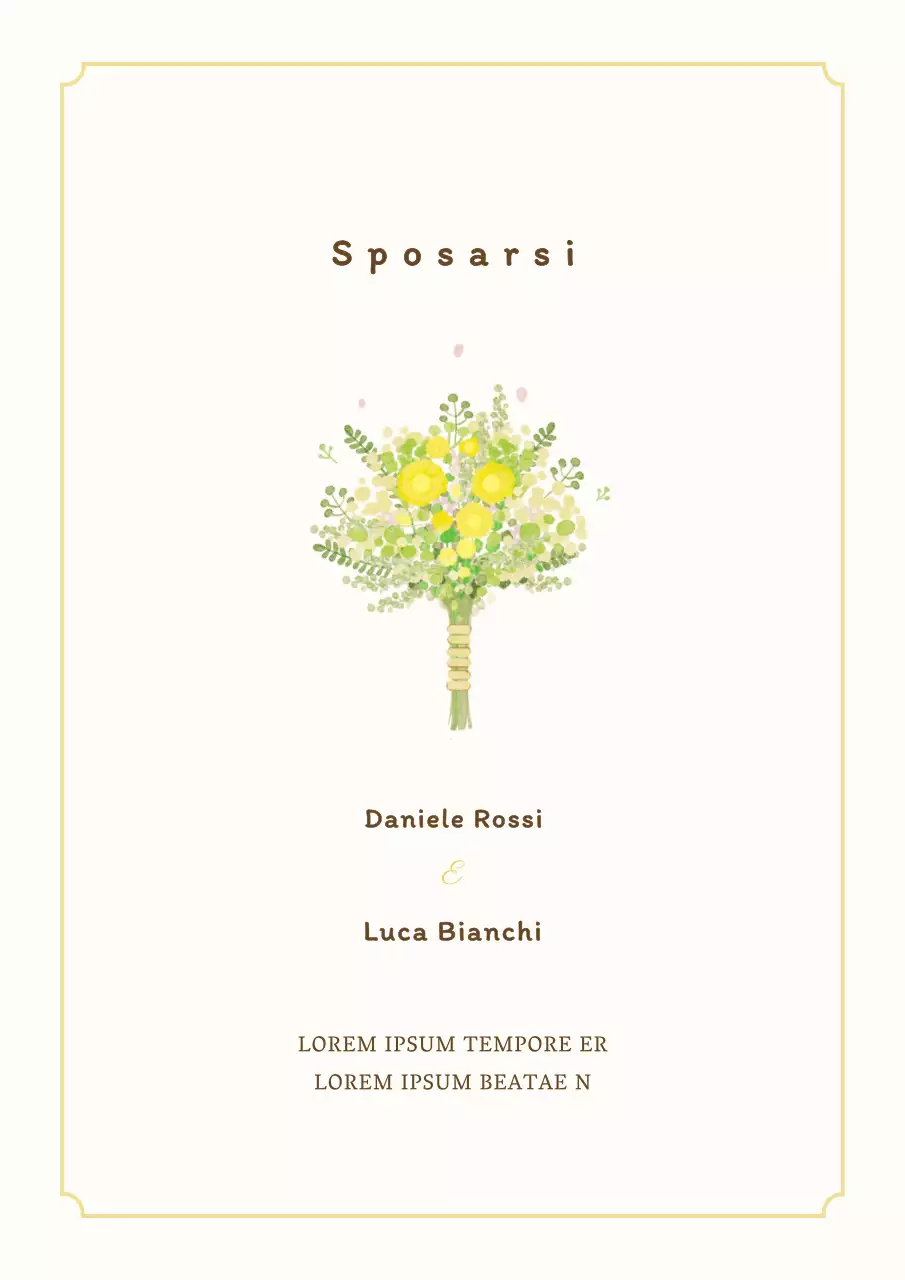 Cartolina di invito a nozze con illustrazione di un semplice bouquet giallo