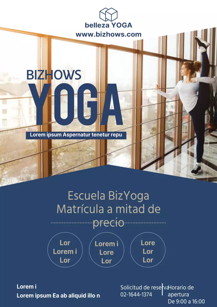 Folleto promocional de un moderno estudio de yoga en azul marino