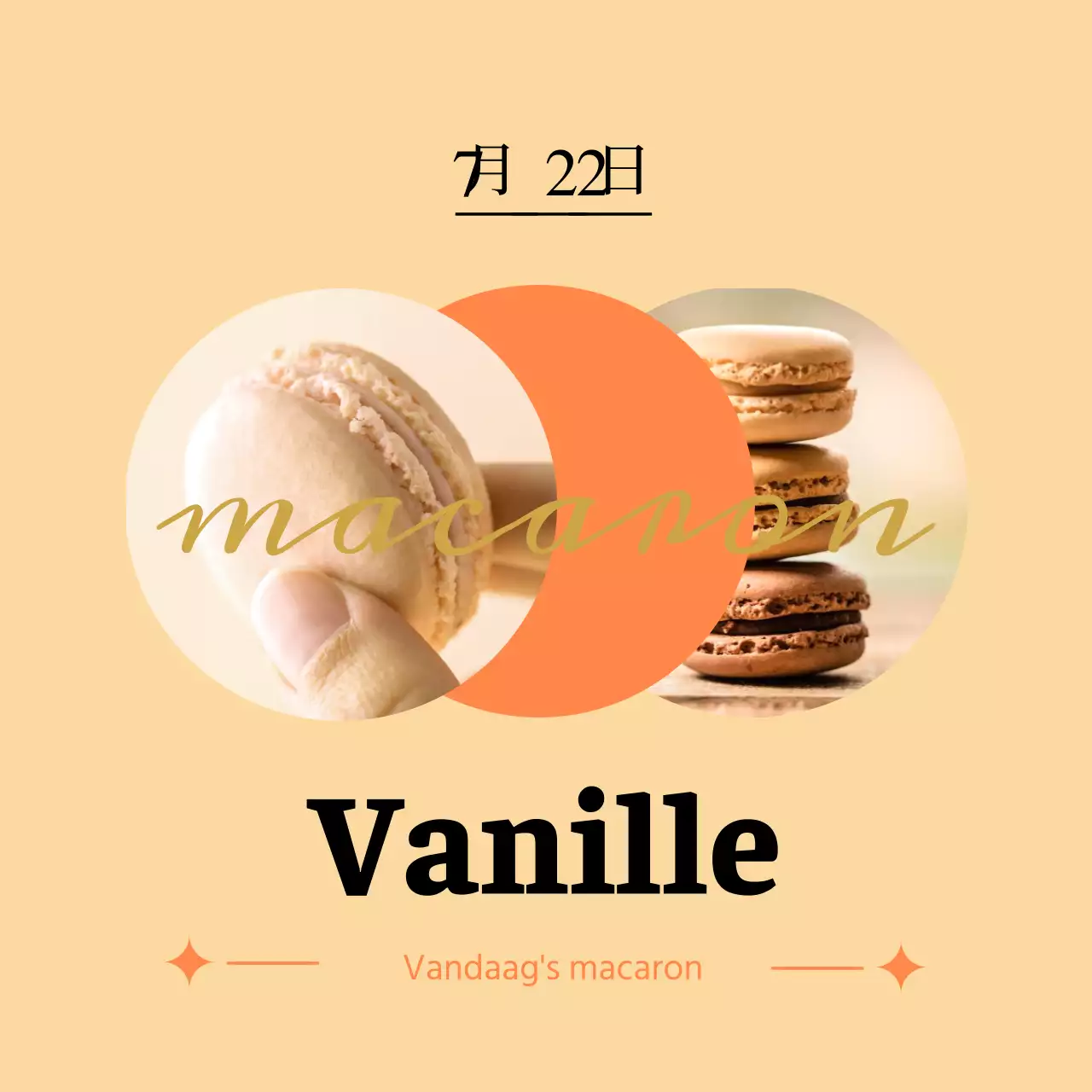 De macarons van vandaag met oranje accenten op een zachte vanille achtergrond