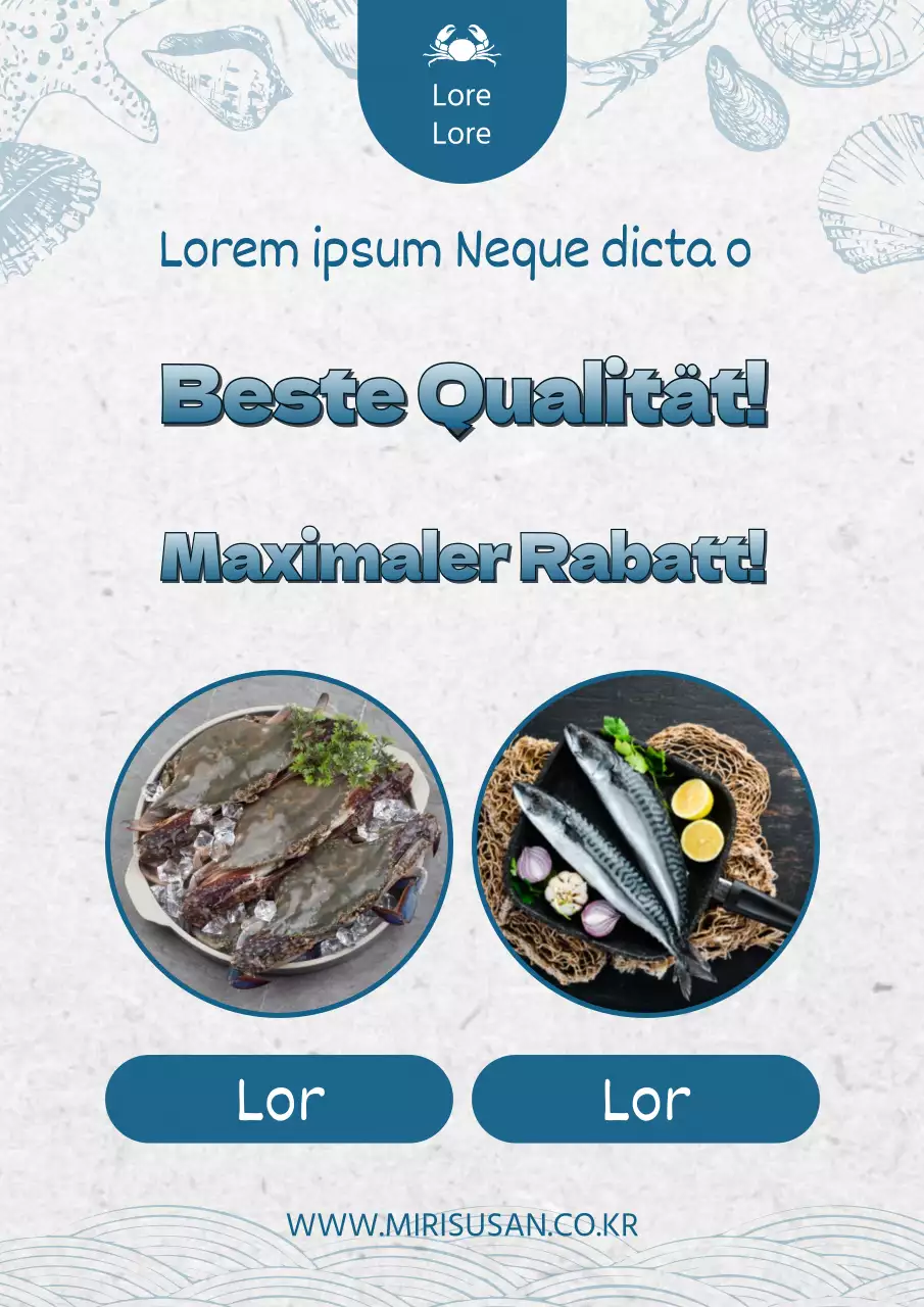 Werbung für Fischereiprodukte mit blauen und hellblauen Akzenten auf einem Hanji-Hintergrund