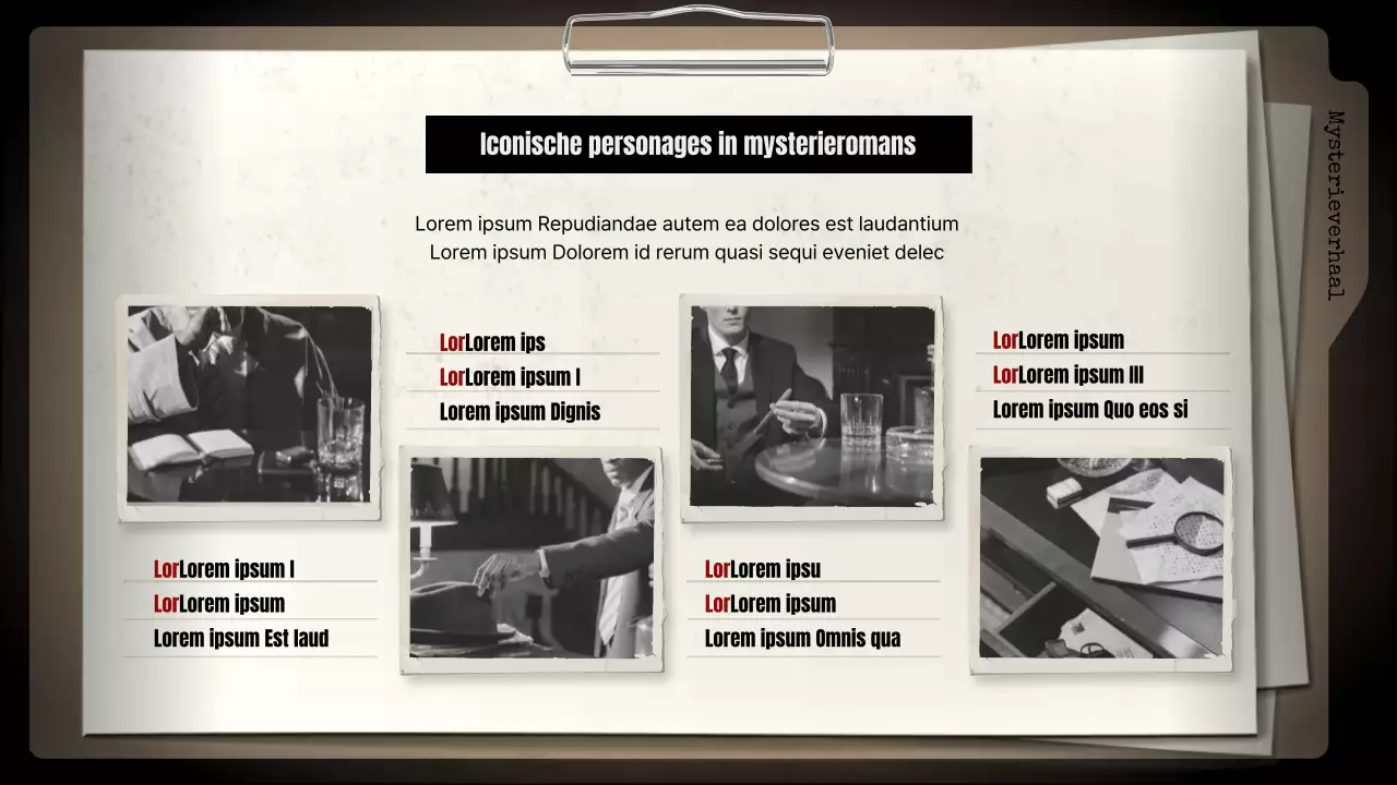 Mysterieromans met zwarte achtergronden en bruine archiefkasten analyseren