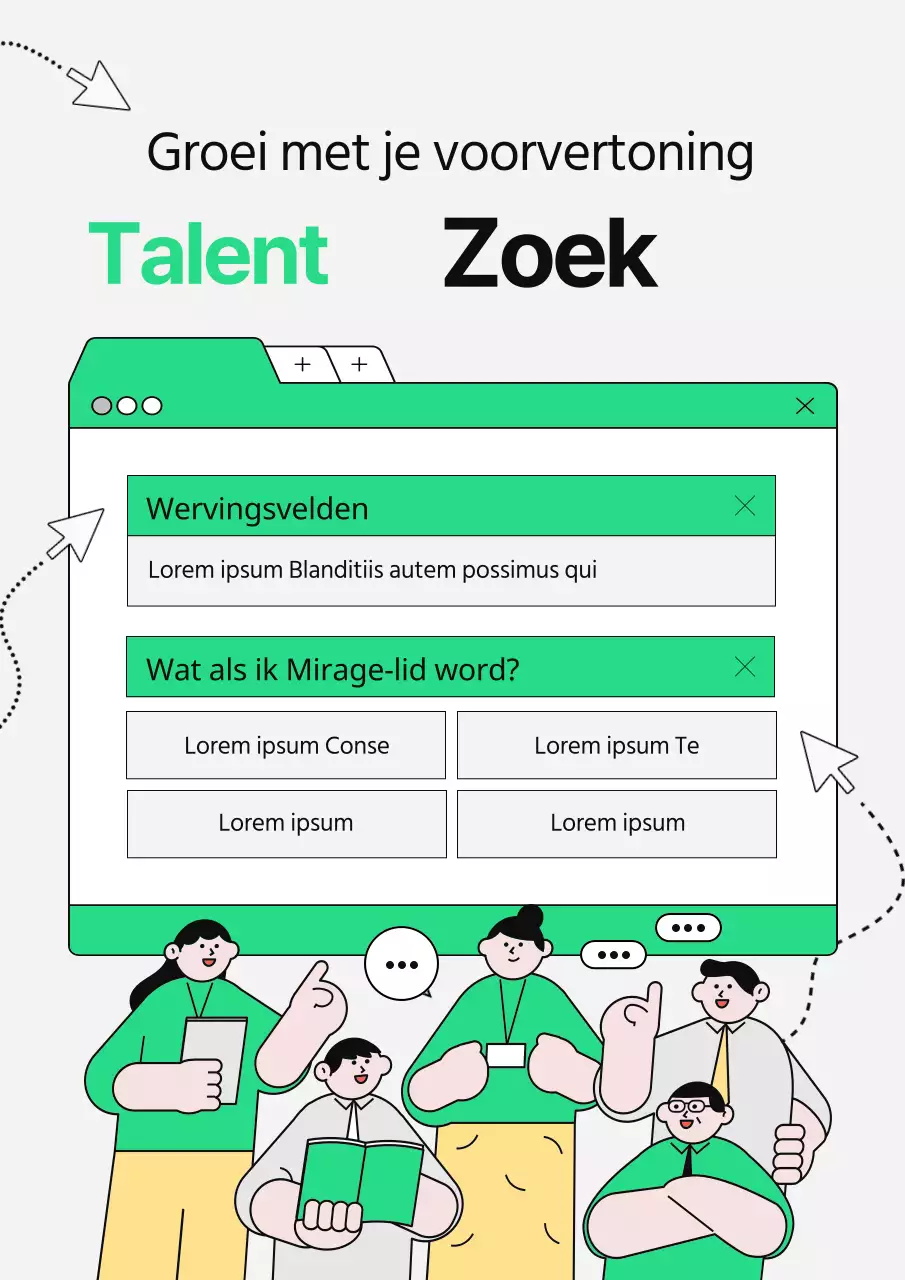 Geïllustreerde vacatures met heldere, limegroene internetvensters