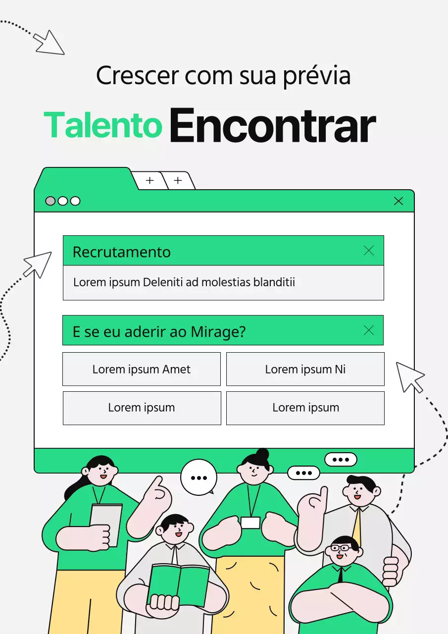 Anúncios de emprego ilustrados com janelas de Internet verdes e brilhantes