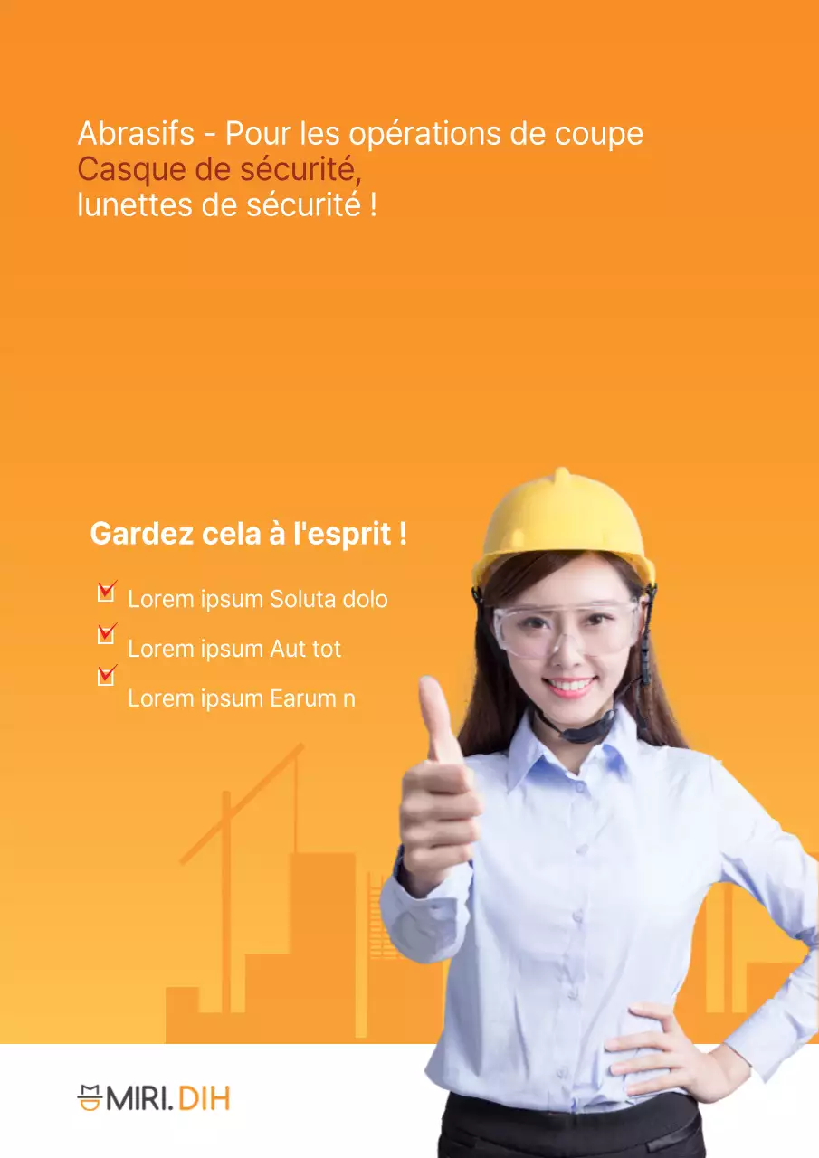 Un simple conseil de sécurité pour les chantiers de construction avec la photo d'une femme portant un casque orange.