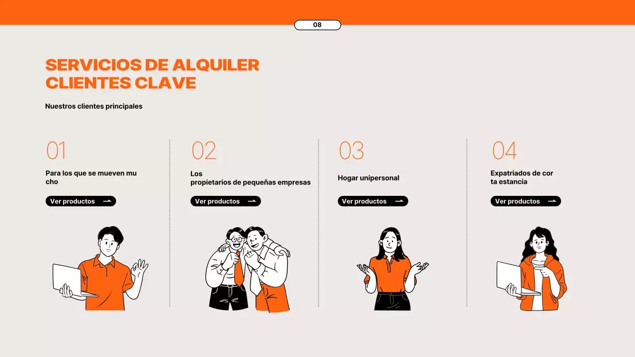 Propuesta de servicio de alquiler de electrodomésticos con elementos de color naranja