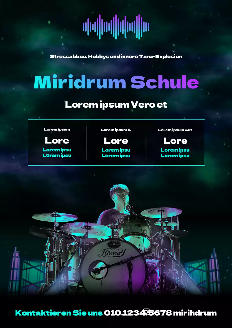 Neonfarbenes mysteriöses Aurora Werbethema für Schlagzeugschule