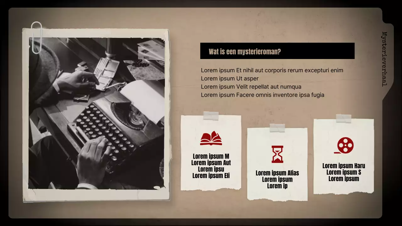 Mysterieromans met zwarte achtergronden en bruine archiefkasten analyseren