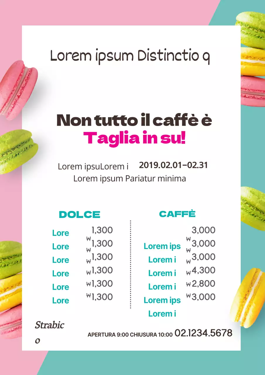 Menu semplice del Macaron Cafe