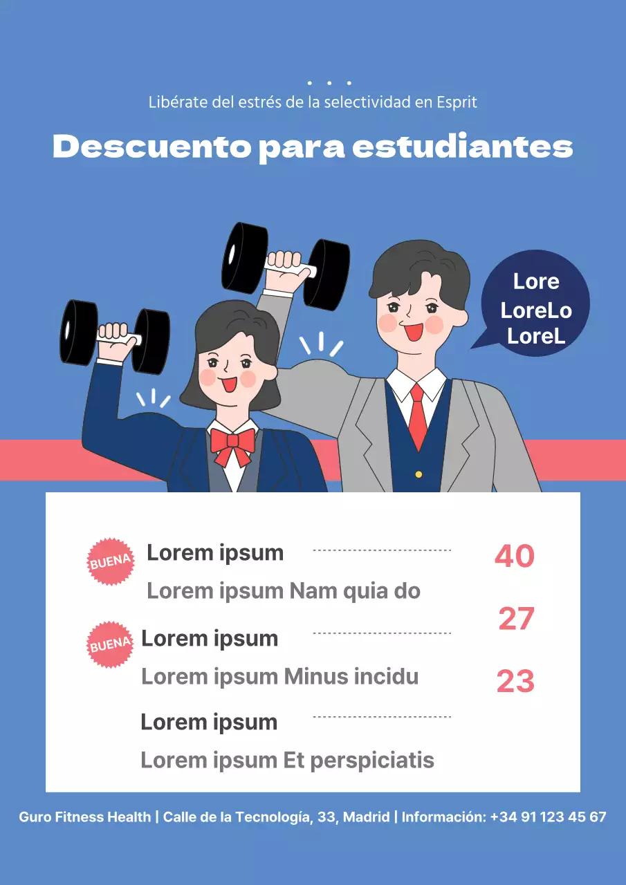 Bonito folleto de descuento para estudiantes de fitness en azul