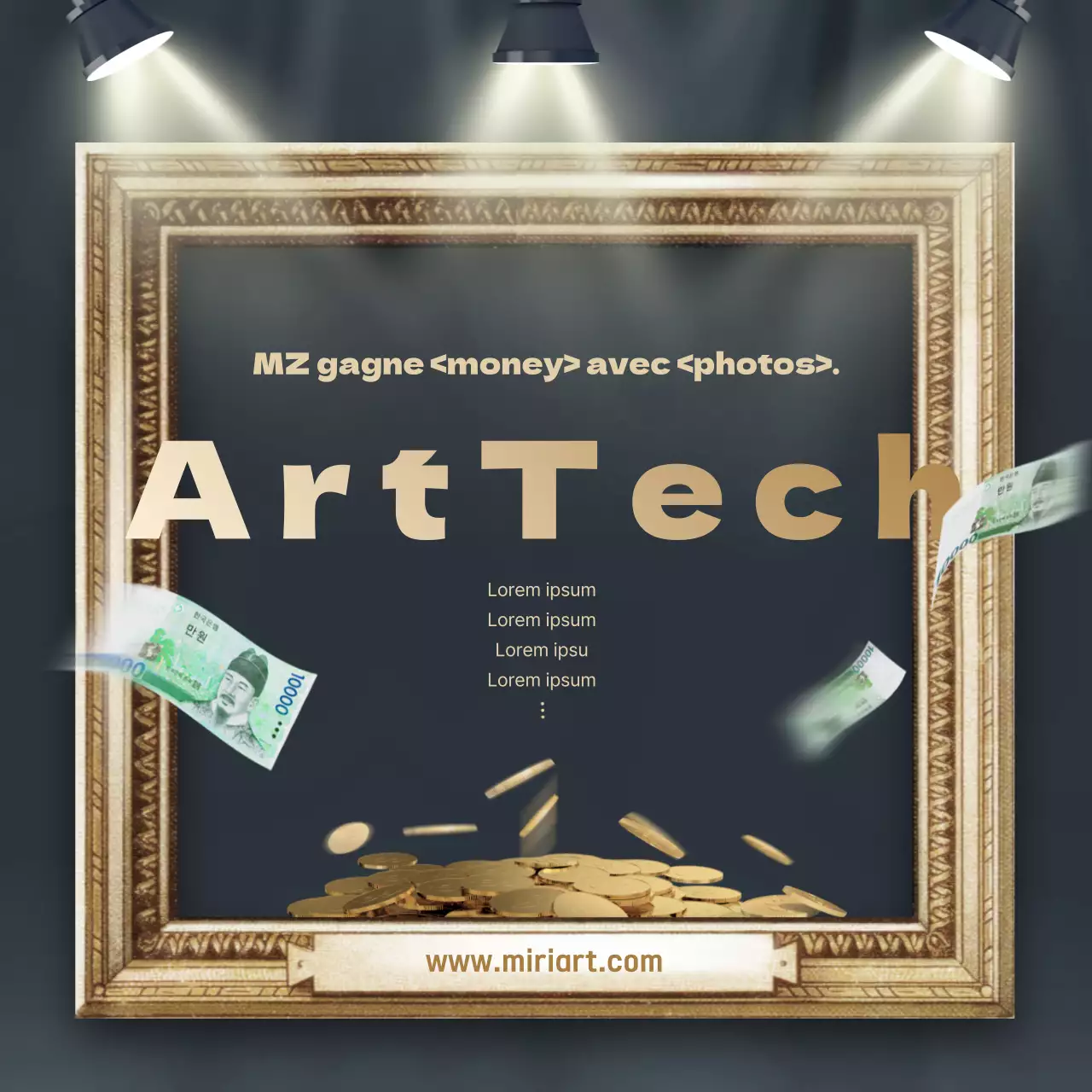 ArtTech Information Theme with Gold Luxurious Gallery Concept (Thème d'information ArtTech avec concept de galerie luxueuse en or)