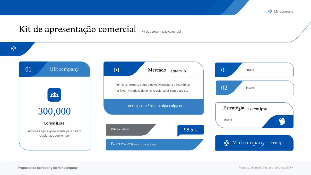 Uma apresentação comercial simples em tons de azul e cinzento