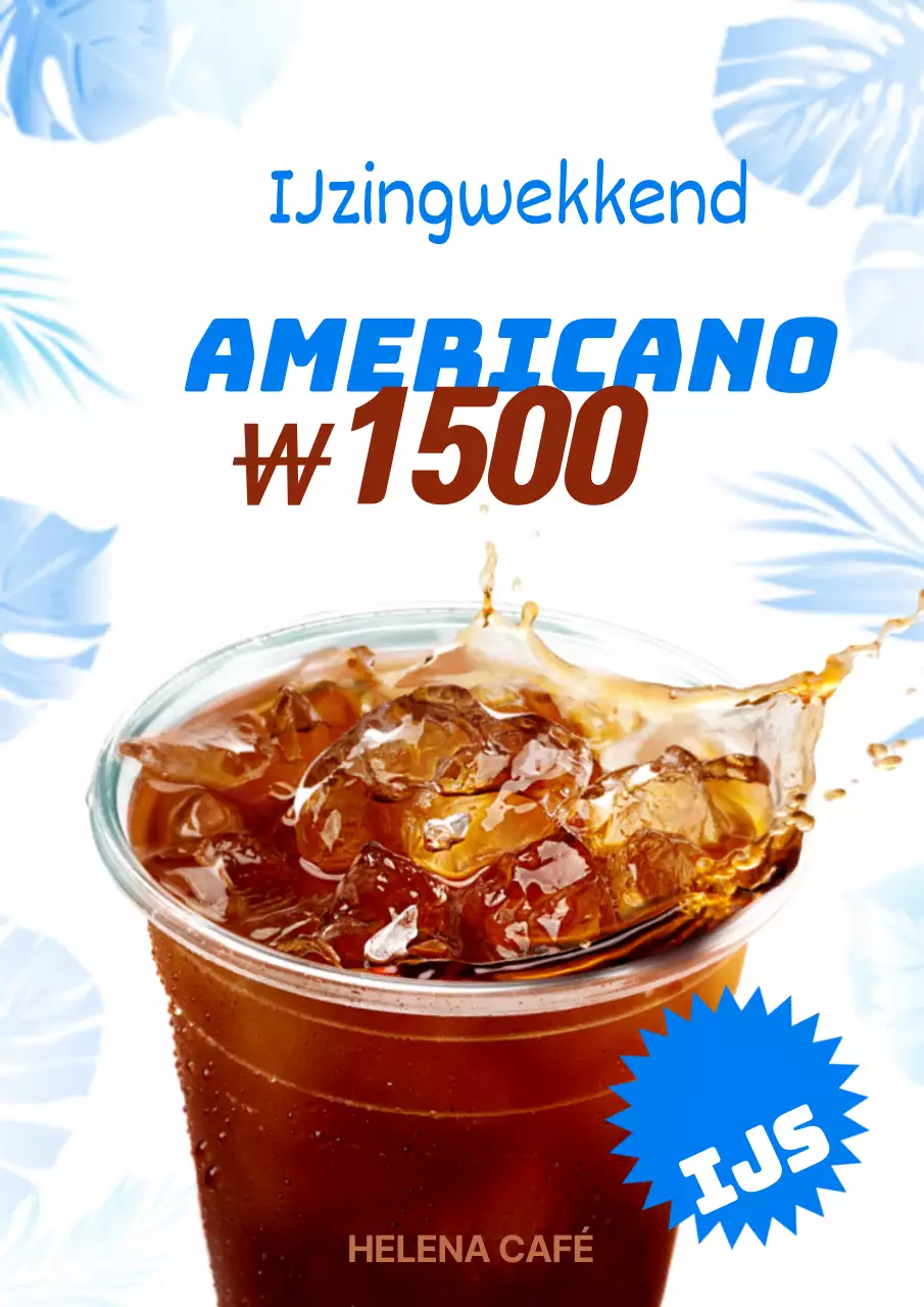 Promoot een cool ijskoffiemenu met blauwe, tropische plantenillustraties en foto's van koffie