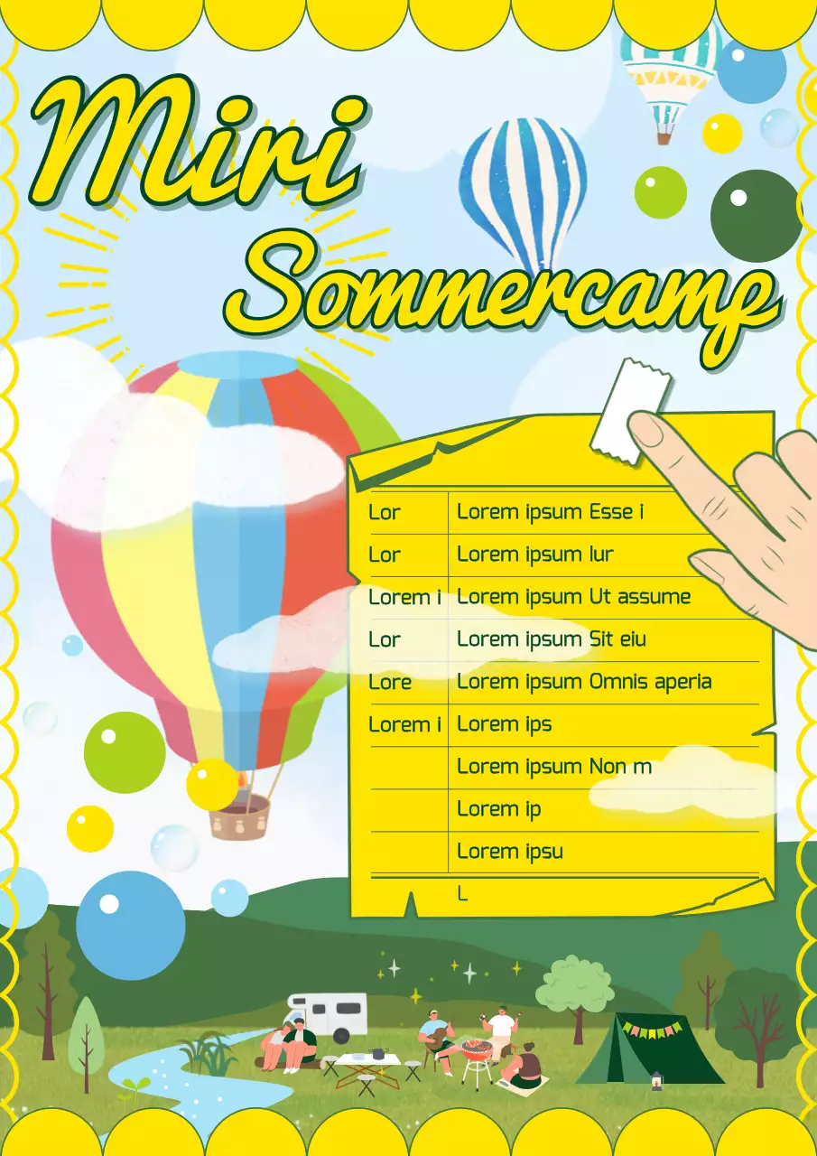 Sommercamp-Flyer mit gelbem Notizblock und Illustrationen