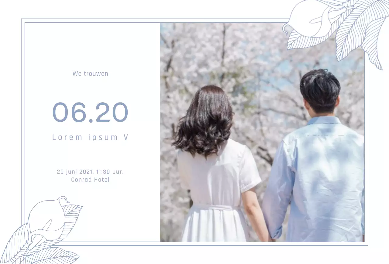 Uitnodiging voor huwelijksfoto Horizontale ansichtkaart met lichtblauwe illustratie
