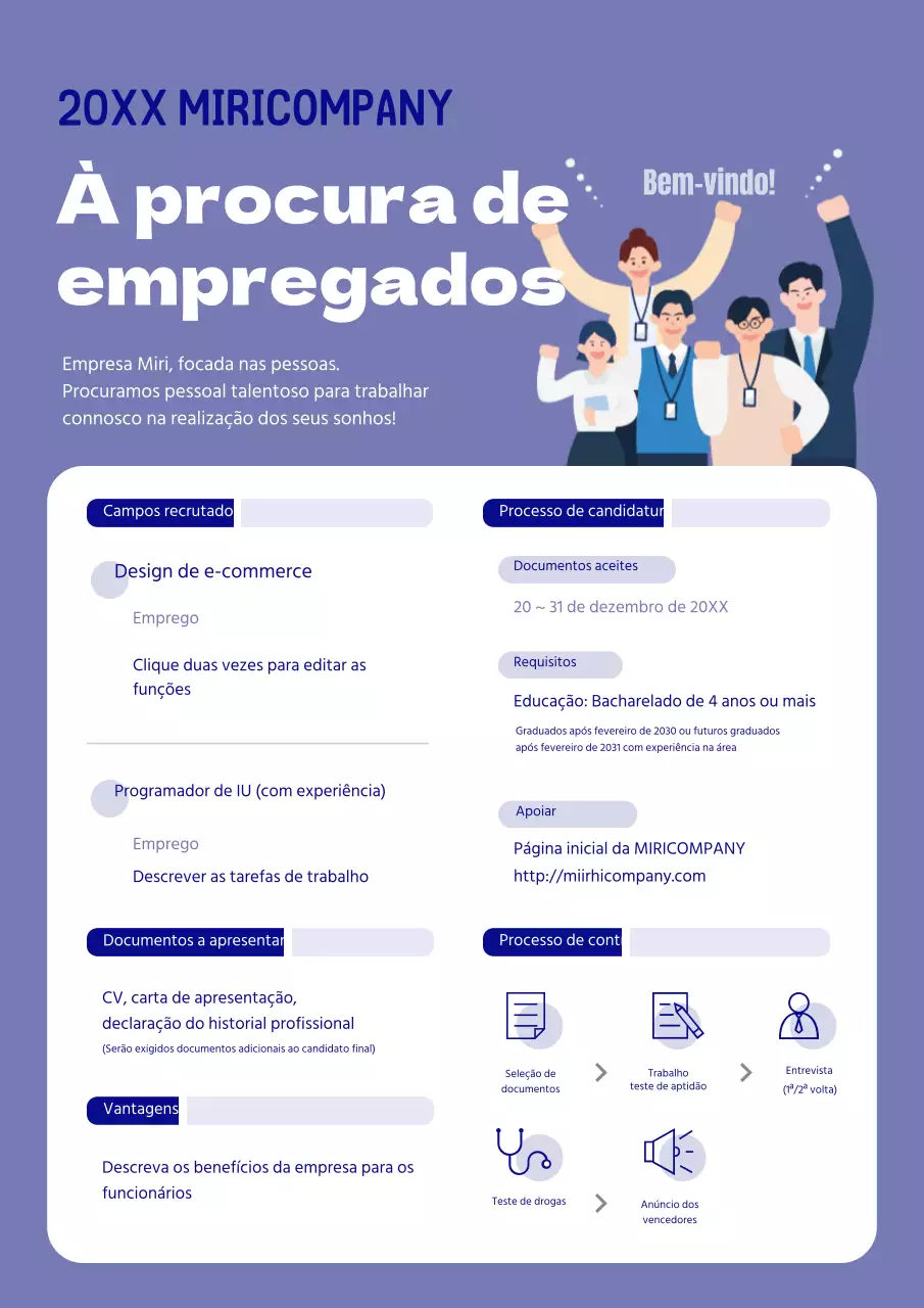 Cartazes de recrutamento roxos e vibrantes para empregados novos e experientes.
