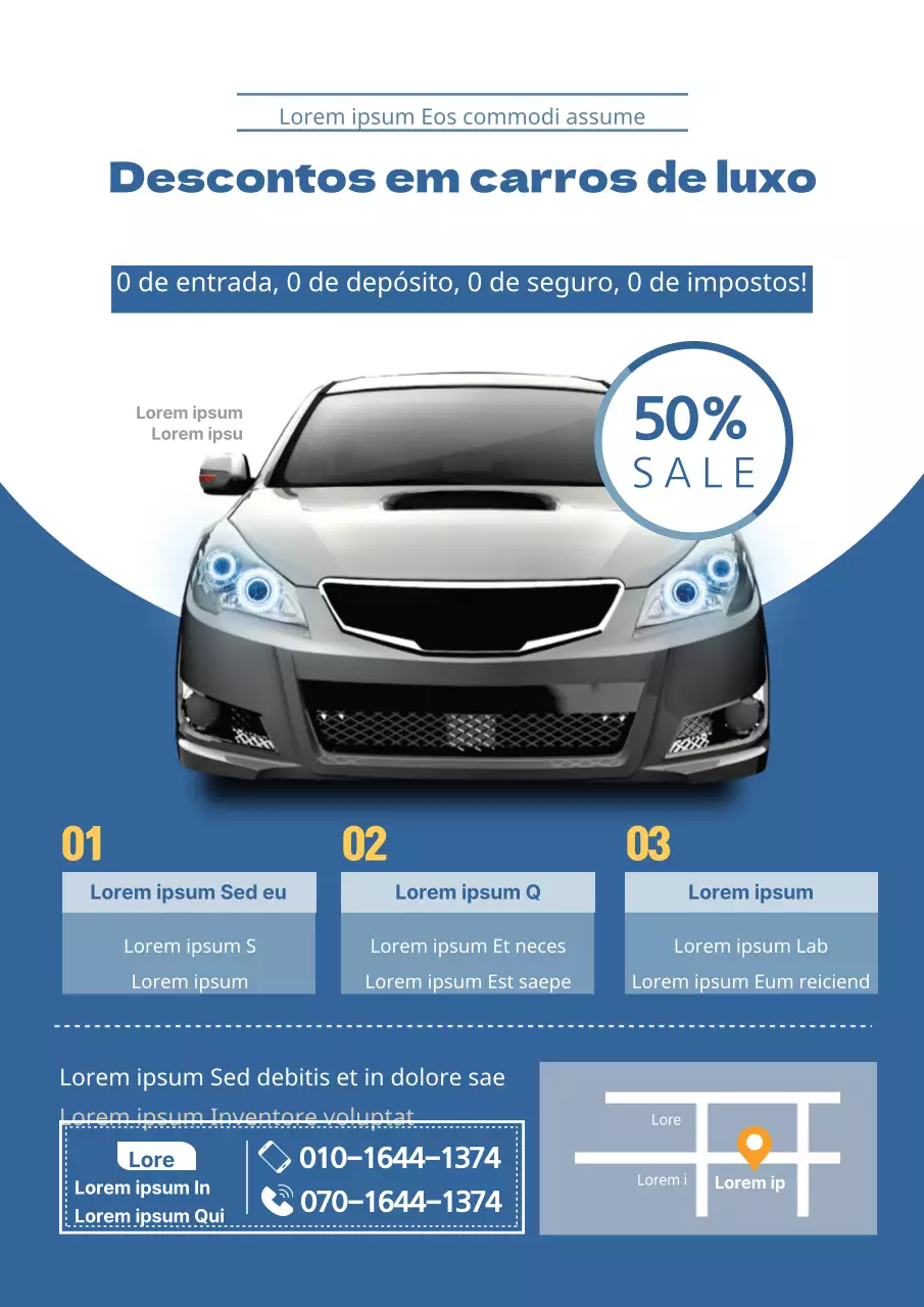 Folheto moderno e azul de aluguer de automóveis para promover um evento gratuito