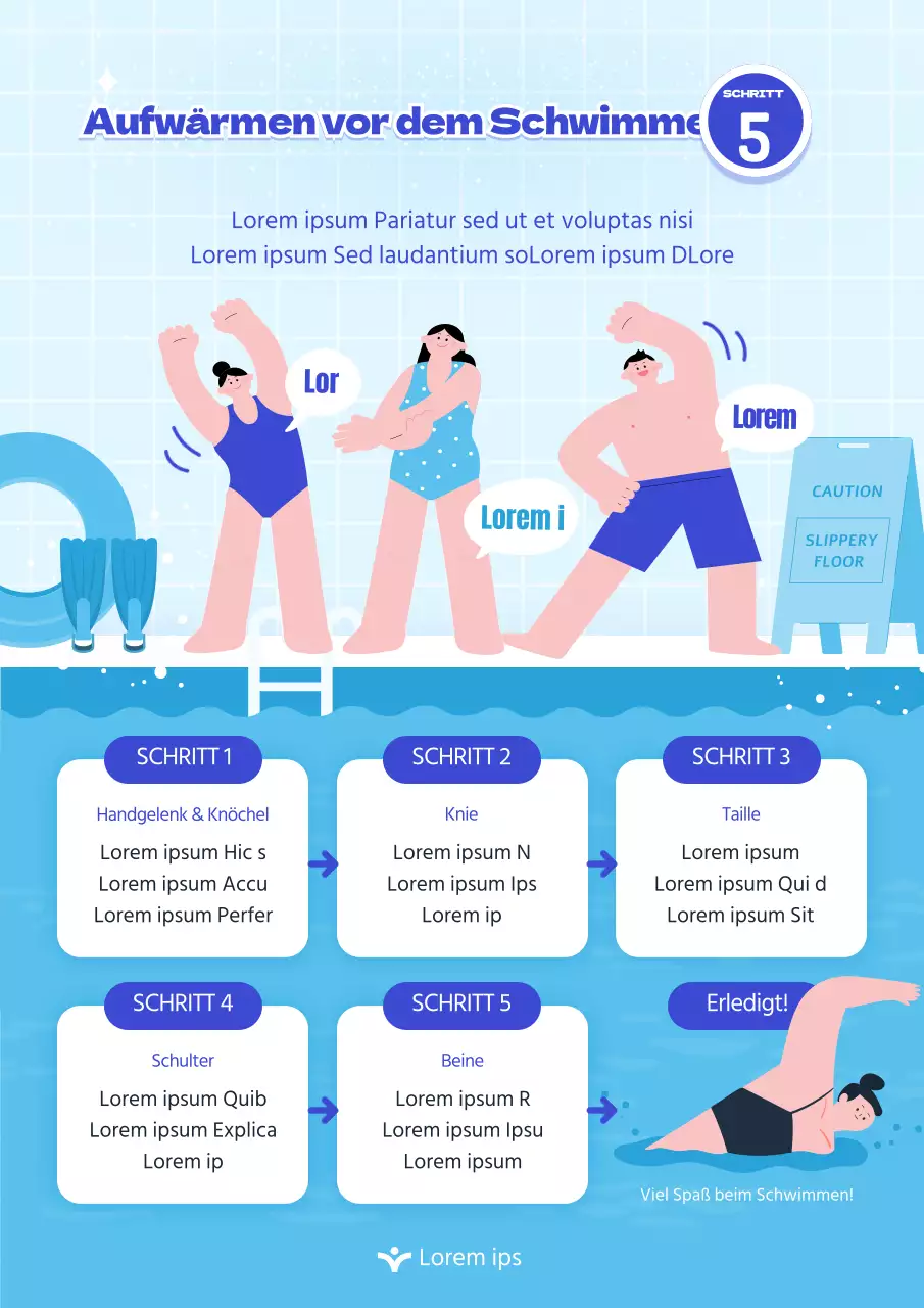 Blau illustriertes Webposter zum Aufwärmen vor dem Schwimmen