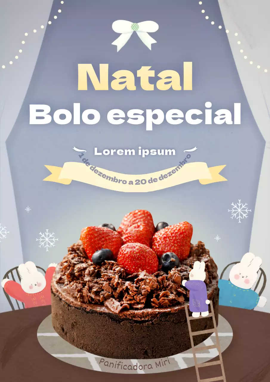 Reserve um bolo de Natal com ilustrações de coelhinhos em cinzento, azul e rosa