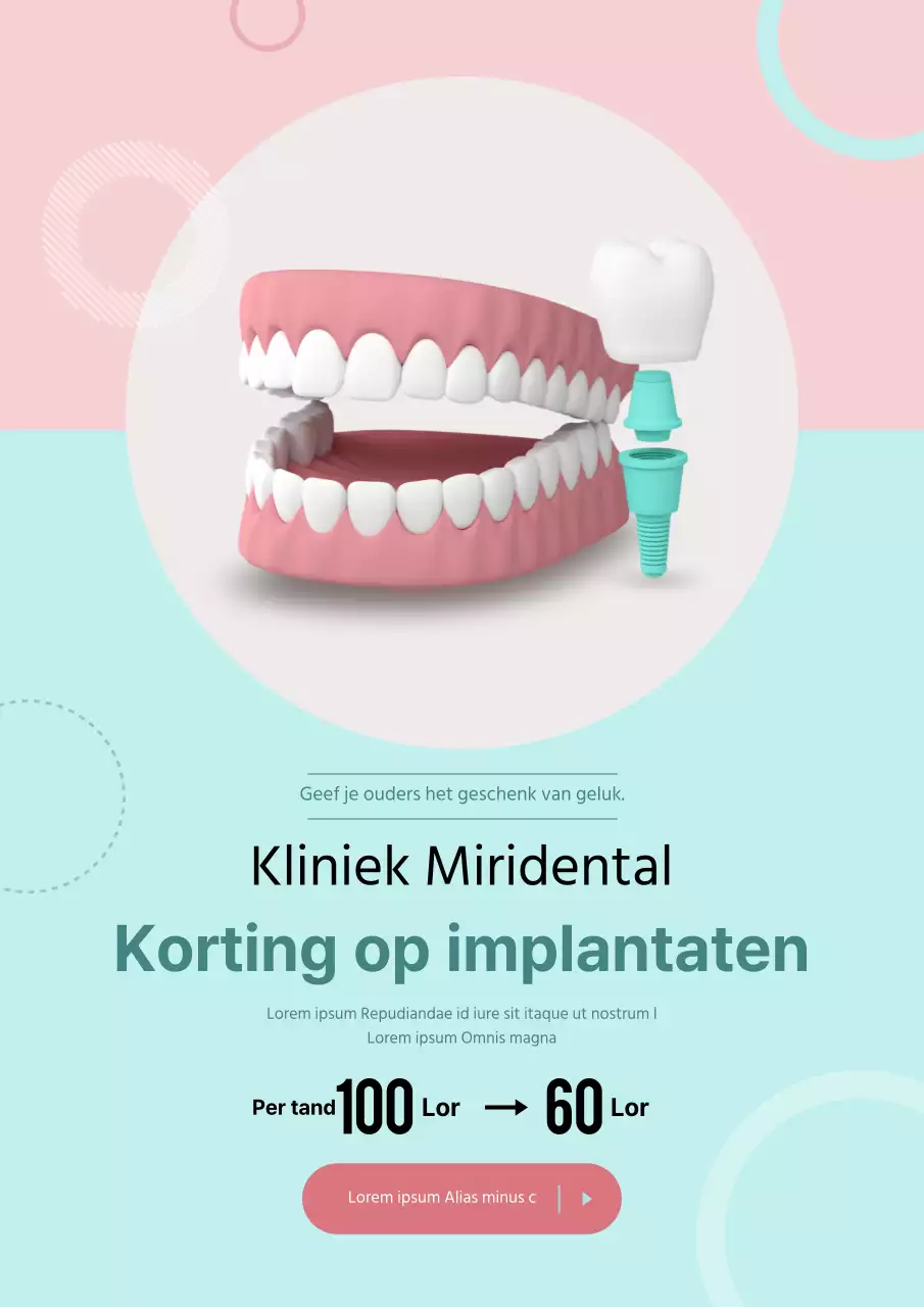 Evenement tandheelkundige implantaten met illustraties van roze en mintkleurige tanden