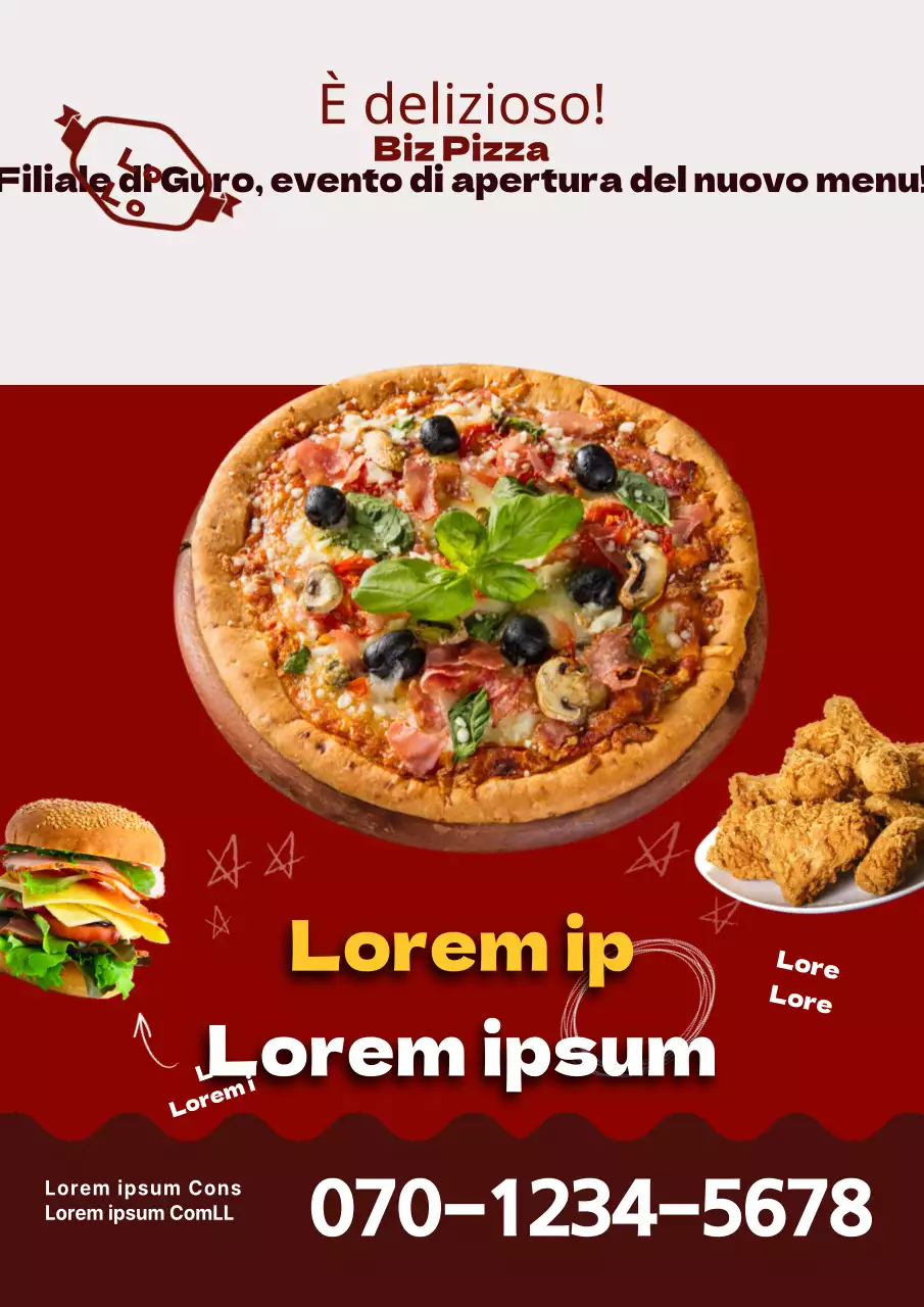 Un semplice volantino rosso e marrone per il nuovo menu di una pizzeria.