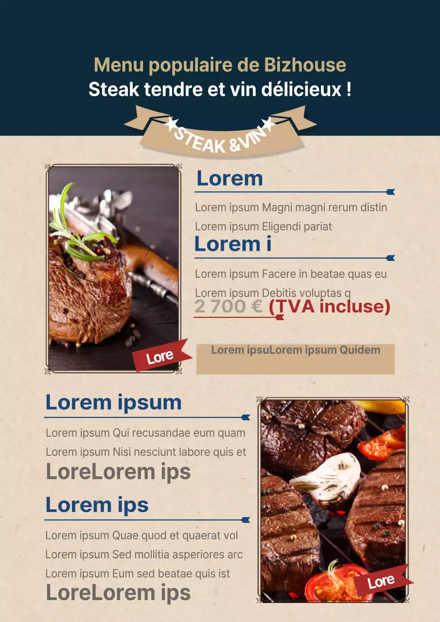 Faites la promotion d'événements et de menus avec des photos de steaks en bleu marine et ivoire.