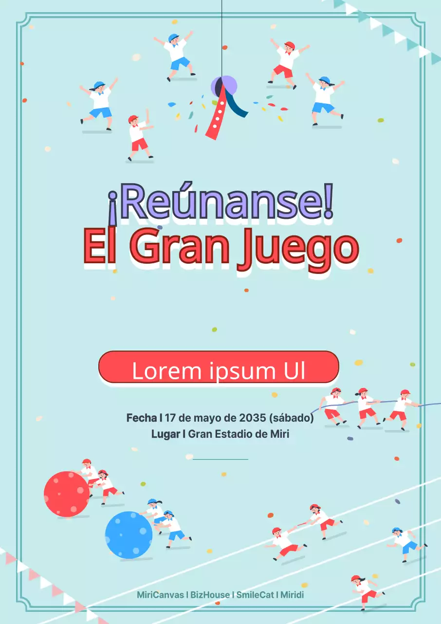 Promocione eventos deportivos con un simpático concepto que presenta ilustraciones de niños practicando varios deportes en azul.