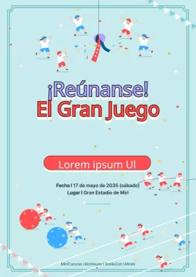 Promocione eventos deportivos con un simpático concepto que presenta ilustraciones de niños practicando varios deportes en azul.