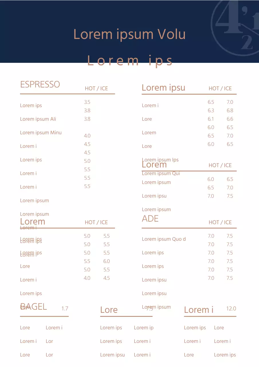 Ein stilvolles, sauberes Café-Menü mit einem marineblauen und goldenen Geschäftsnamen und Logo