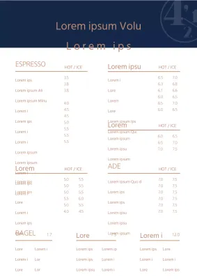 Ein stilvolles, sauberes Café-Menü mit einem marineblauen und goldenen Geschäftsnamen und Logo