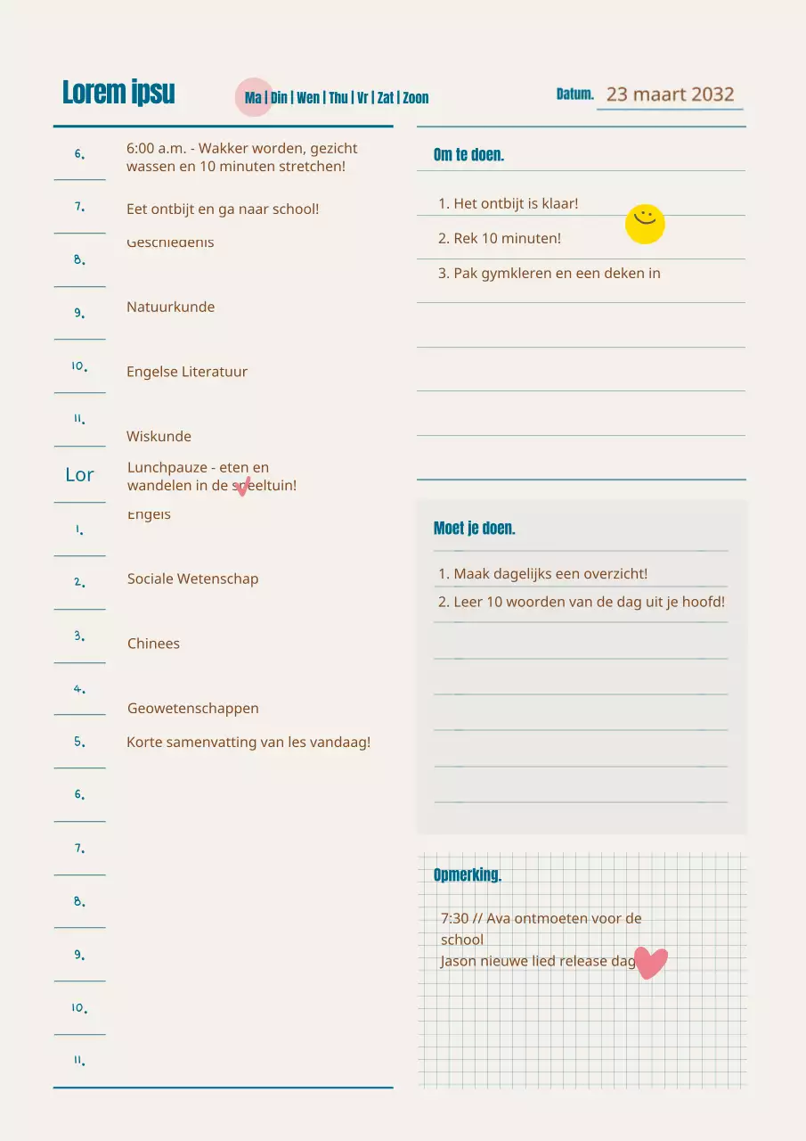 Documentopmaak dagelijks studieplan in groenblauw en bruin