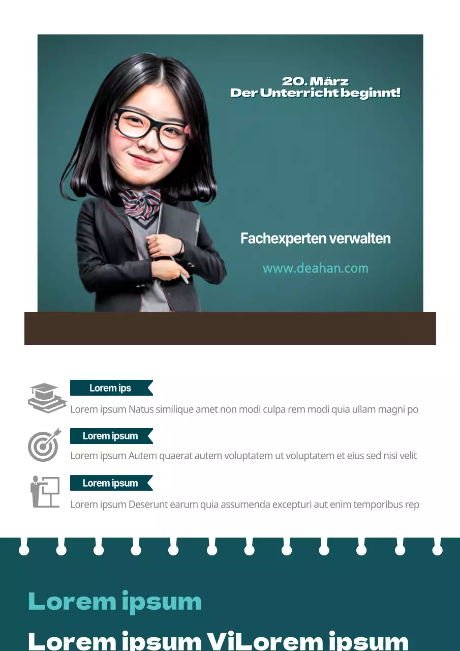 Werbung für die Schule mit einem türkisfarbenen, lächelnden Foto einer Schülerin