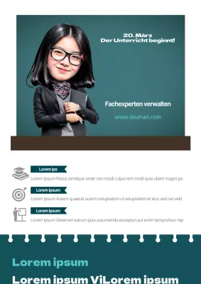 Werbung für die Schule mit einem türkisfarbenen, lächelnden Foto einer Schülerin