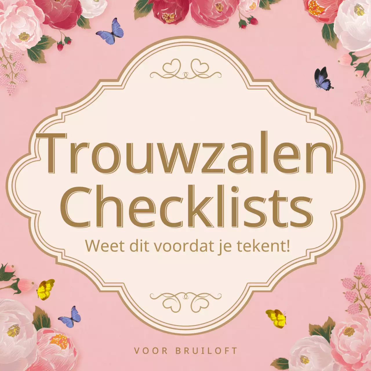 Een checklist voor trouwlocaties met roze en beige lentebloemenillustraties