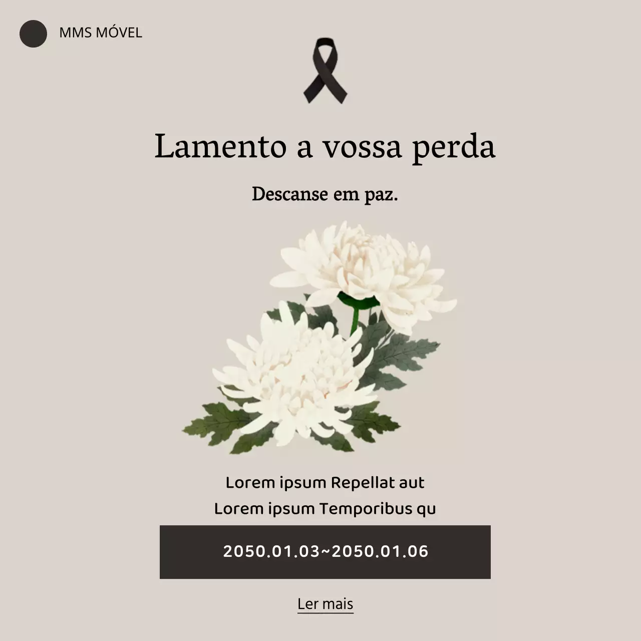 Modelo de faixa móvel de condolências com flores de crisântemo, fita e texto em destaque