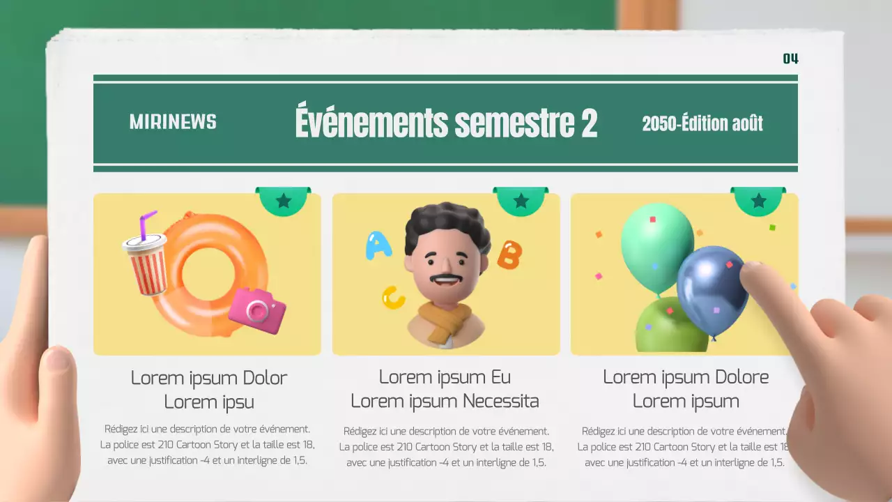 Notre journal de classe en vert et jaune, 3D stéréoscopique