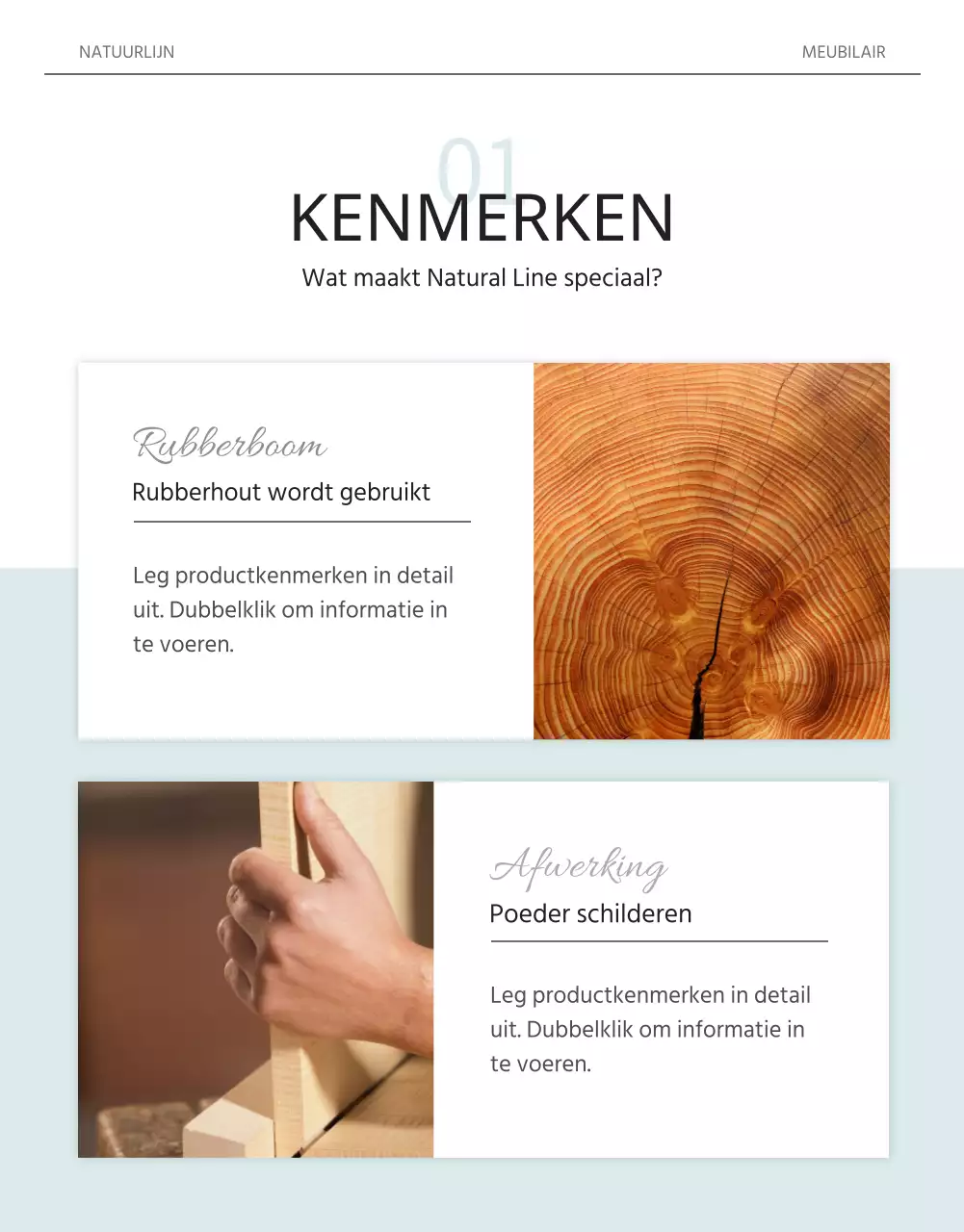 Tijdschriftenconcept in wit en lichtblauw om massief houten meubelen te promoten