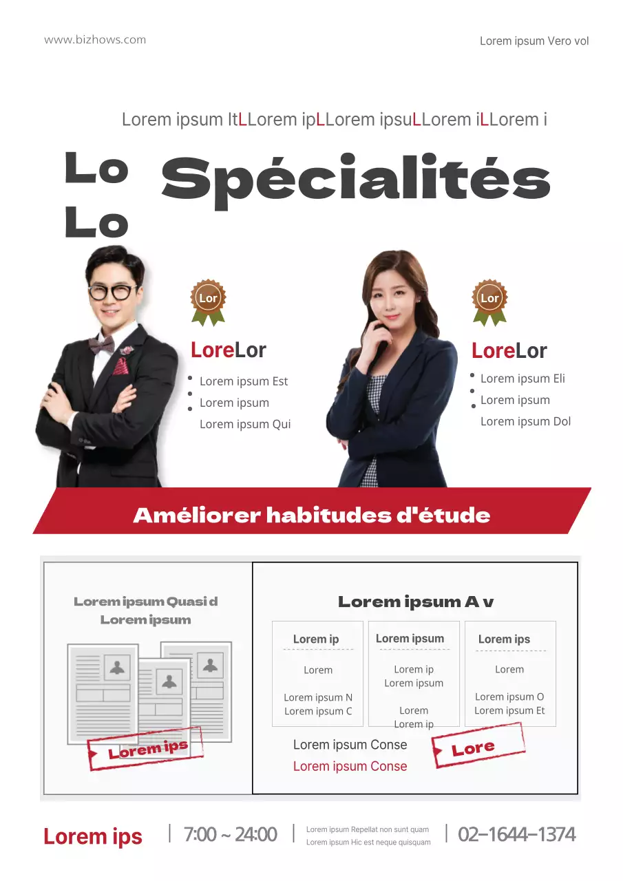 Promotion d'une agence d'admission avec des photos rouges et grises d'étudiants en train d'étudier