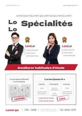 Promotion d'une agence d'admission avec des photos rouges et grises d'étudiants en train d'étudier