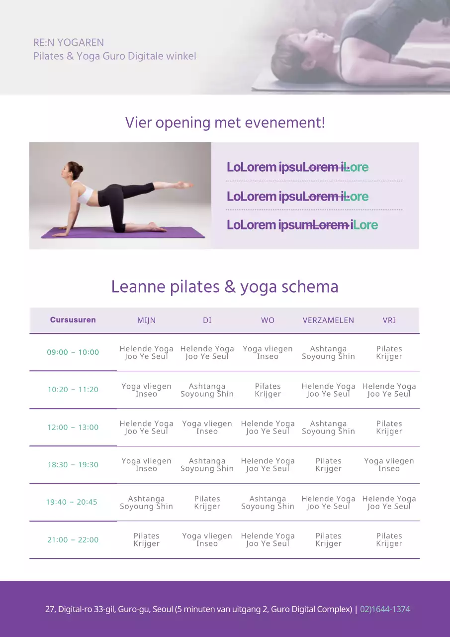 Stijlvolle Pilates lesrooster promotionele flyer in paars