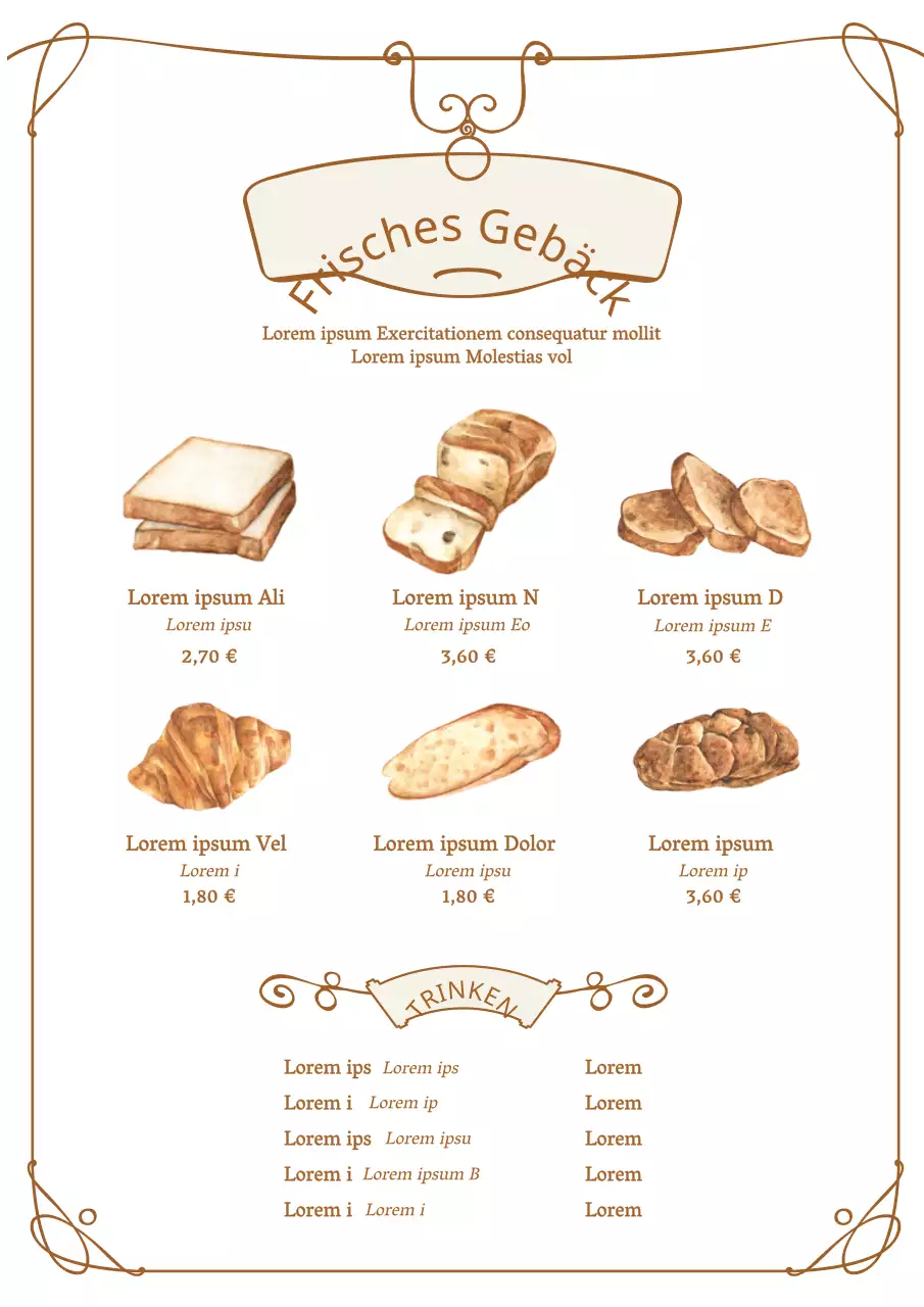 Alte Bäckereikarte mit braunen Illustrationen