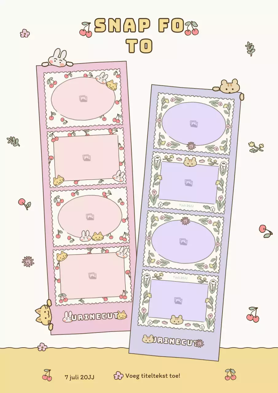 Fotolijst met vier hoeken en schattige illustraties in beige, roze en paars